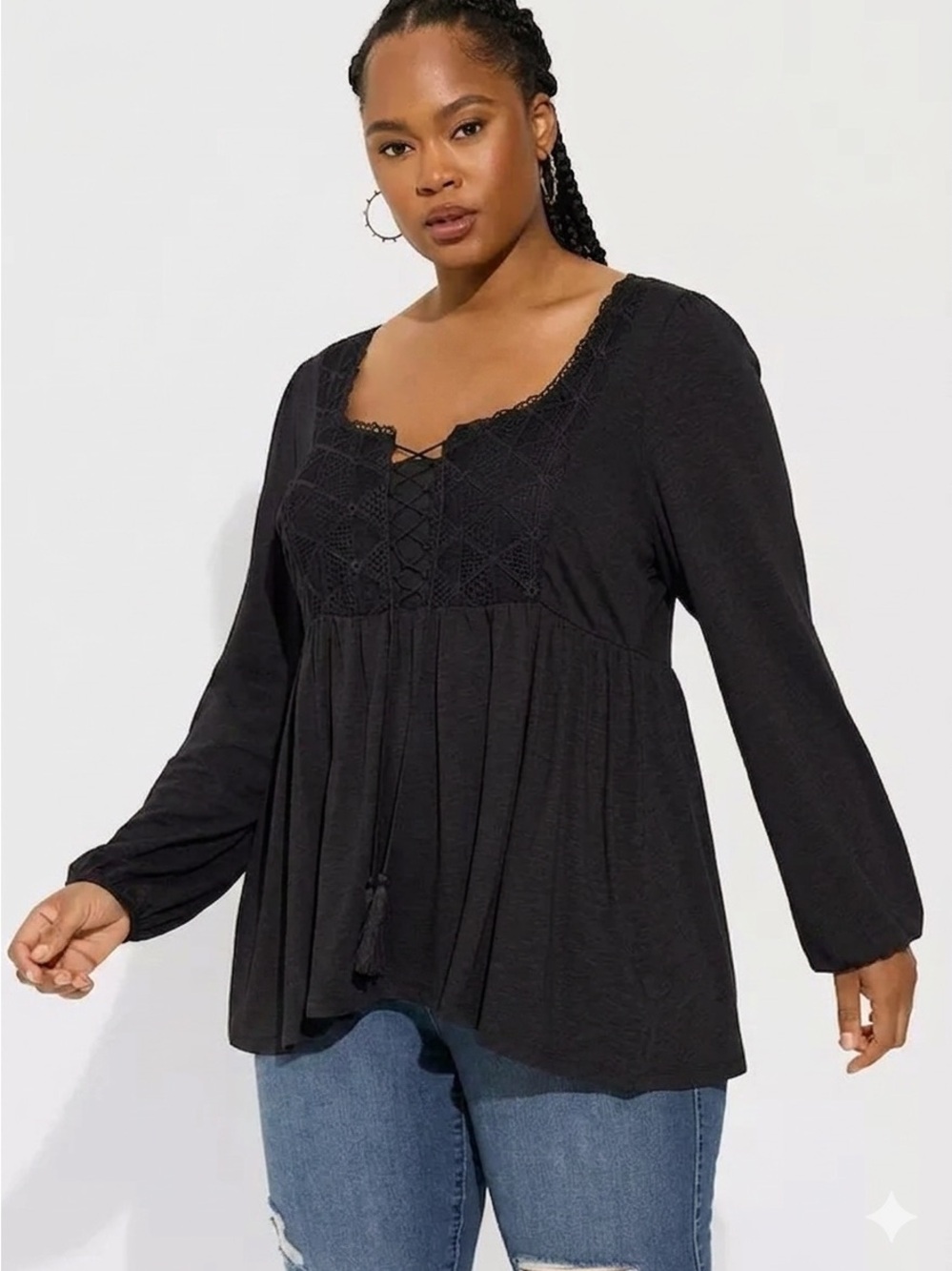Torrid Black Long Sleeve Peplum Babydoll Boho Top With Lace Details Size 1X